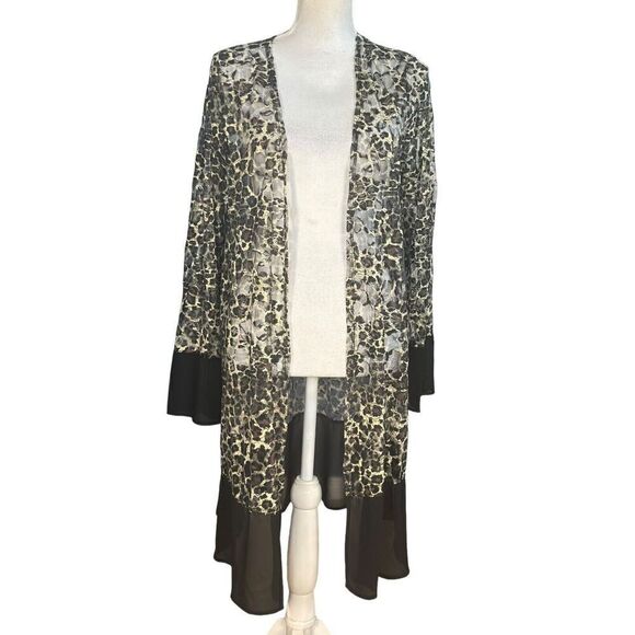 Vocal Duster Cardigan Size XL Brown Black Boho Animal Print Lace Semi Sheer - Picture 7 of 7